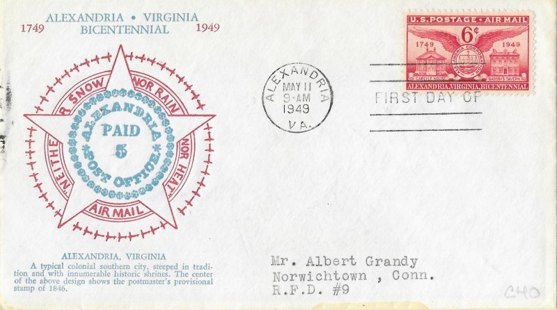 1949 FDC, #C40, 6c Alexandria, Grandy