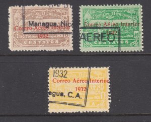 Nicaragua Sc C37-C39 used 1939 red 2-line CORREO AEREO INTERIOR ovpts, F-VF