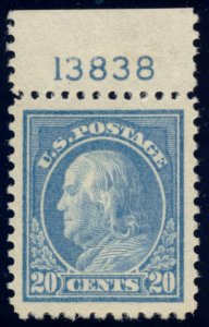 US 515 20c 1917 Franklin perf 11 XF-S unused OG hinged plate 13838 single