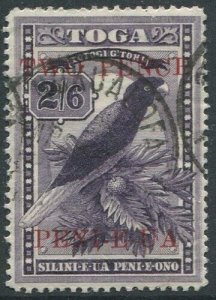 Tonga 1923 SG69 2d on 2/6d Red Shining Parrot #1 FU