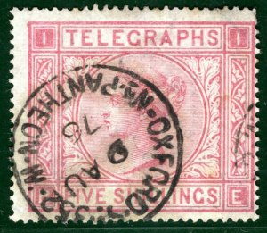 GB QV TELEGRAPHS High Value SG.T13 5s *PANTHEON* 1876 CDS Used c£200+ S2WHITE33