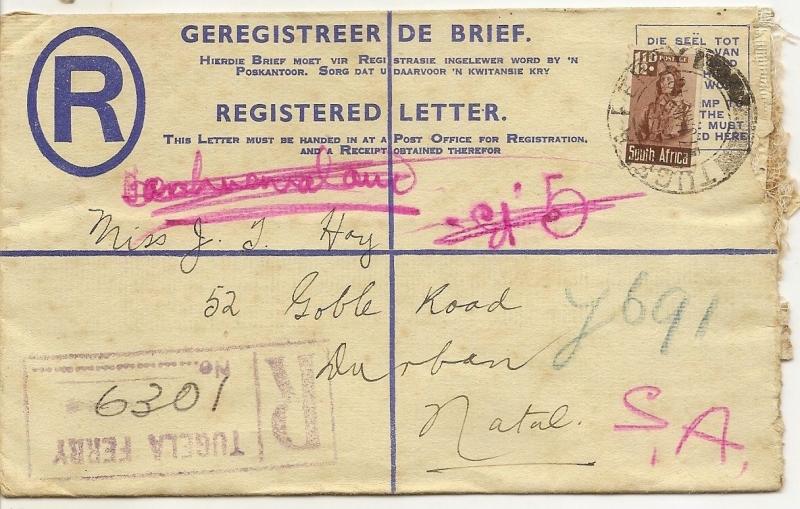 South Africa 1948 Registered Letter Tugela Ferry