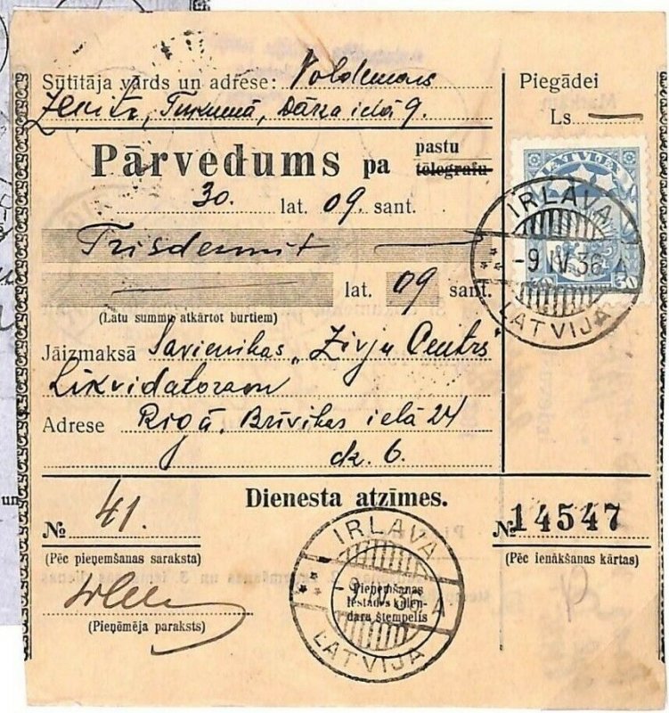 LATVIA Parcel Post Card *IRLAVA* 1936 Postal Stationery {samwells-covers}GY83