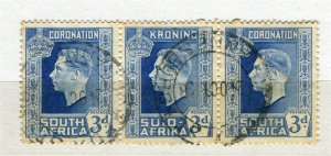 SOUTH AFRICA; 1937 early GVI Coronation issue used POSTMARK Strip 3d. value