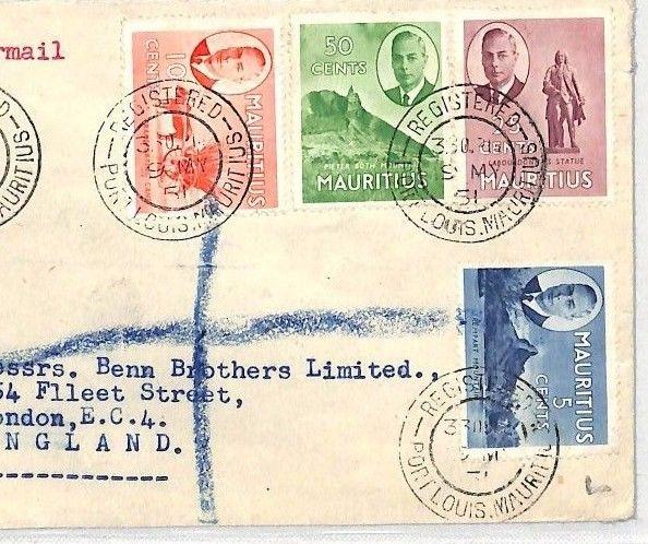 MAURITIUS Cover Port Louis GPO REGISTERED Air Mail London 1951 BH30