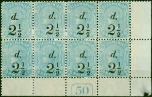 Tasmania 1891 2 1/2d on 9d Pale Blue SG169 V.F MNH & LMM Pl 50 Corner Block of 8