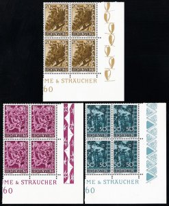 Liechtenstein Stamps # 353-5 MNH XF Plate Blocks Of 4 Scott Value $130.00