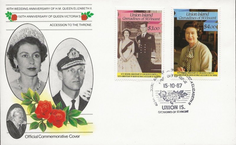 UNION ISLAND 1987 40TH WEDDING ANNIV QUEEN ELIZABETH, SET+S/SHEET ON 4 FDC'S 