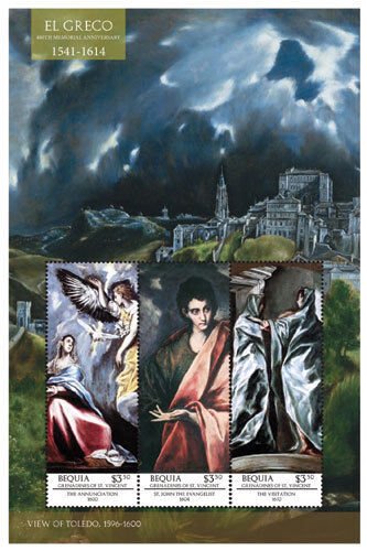 BEQUIA 2014 - EL GRECO 400TH MEMORIAL ANNIVERSARY SHEET OF 3 STAMPS (#2) MNH
