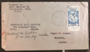 1936 Ruby Alaska USA Emergency Mail Service Airmail Cover To Cincinnati OH