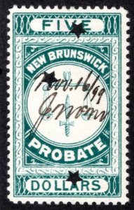 van Dam NBP5, $5 green, used, New Brunswick Probate, Canada Revenue