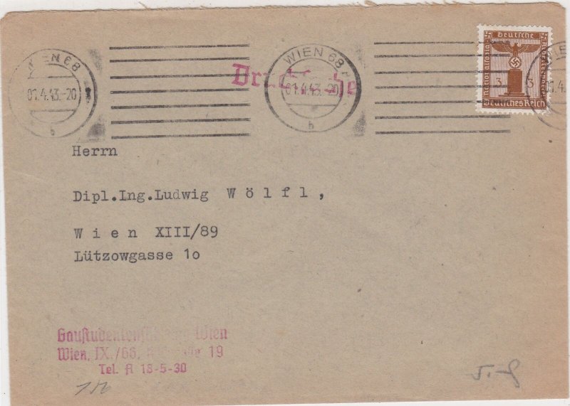 Germany 1943 Wien Cancel Official Stamp Cover Ref 35157