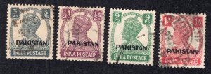 Pakistan 1947 3p to 1a Overprint, Scott 1-4 used, value = $1.00