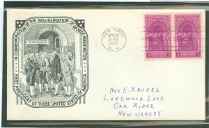 US 854 1939 3c Washington's first inauguration (pair) on an addressed first day cover with Historic arts cachet.