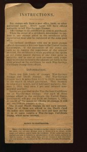 USA WAR SAVINGS CERTIFICATE SERIES OF 1918 CARD  HOLDER