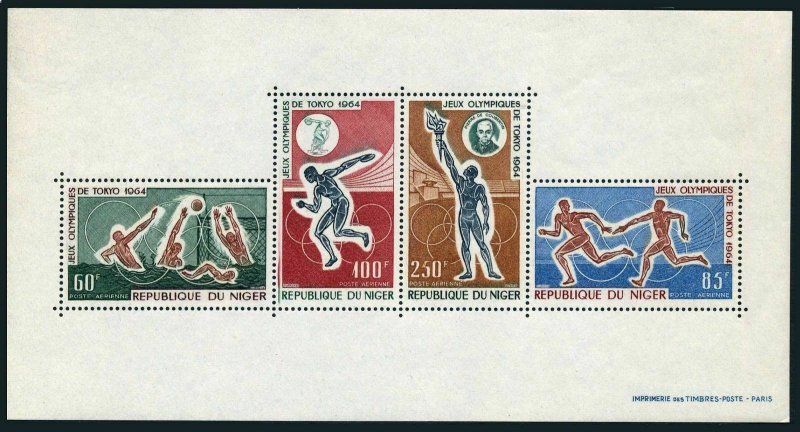 Niger C48a,hinged.Mi Bl3. Olympics Tokyo-1964.Pierre de Coubertin,Water polo, 