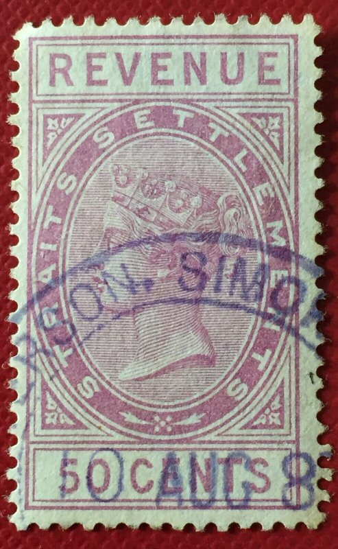 MALAYA 1882 STRAITS SETTLEMENTS QV REVENUE 50c Used ISC#R25 M4788