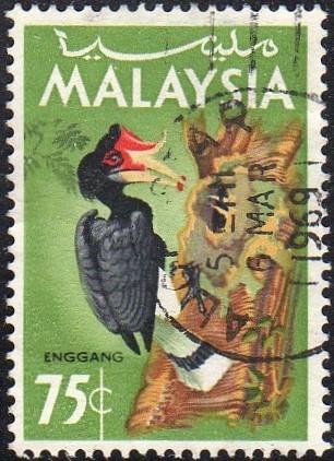 Malaysia 23 - Used - 75c Rhinoceros Hornbill (1965) (cv $0.60) (2)