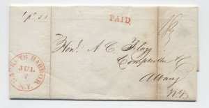 1843 Sackets Harbor NY red cDS and paid stampless letter to Albany [6526.482]