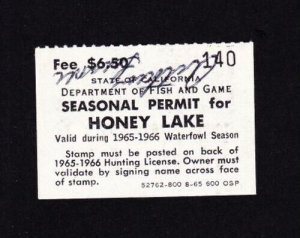 State Revenue California 1965-66 $6.50 Honey Lake Duck Hunting Stamp RARE VF