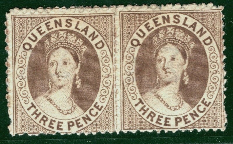 Australia States QUEENSLAND Chalon SG.67a 3d RE-ENTRY Pair Mint MM RARE PIBLUE1