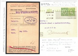GB Birmingham Uprated Postal Stationery Card COAL STRIKE Denmark 1912 U172a  