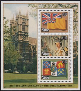 Niue 1978 MNH Sc #221d Souvenir sheet of 3 Flags, QEII 25th ann Coronation