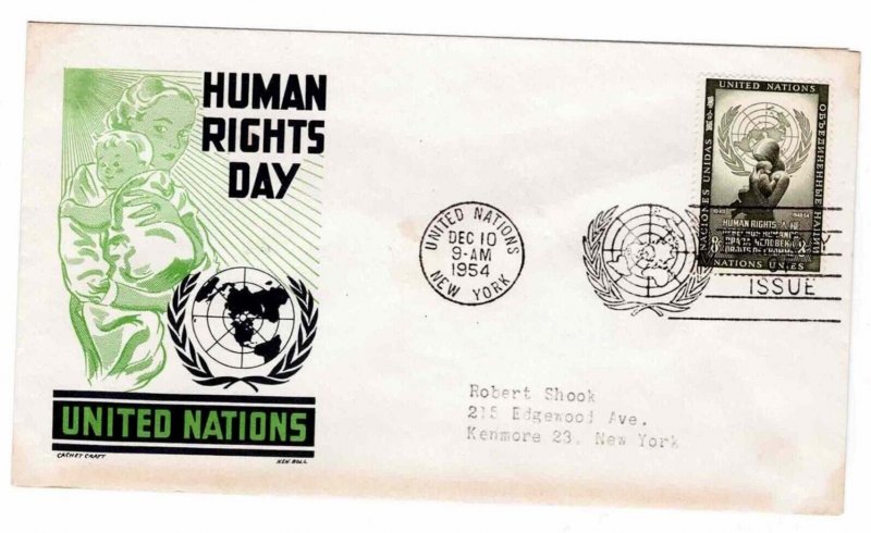 United Nations 1954 FDC Sc 30 Ken Boll Cachet Craft Human Rights Day UN New York