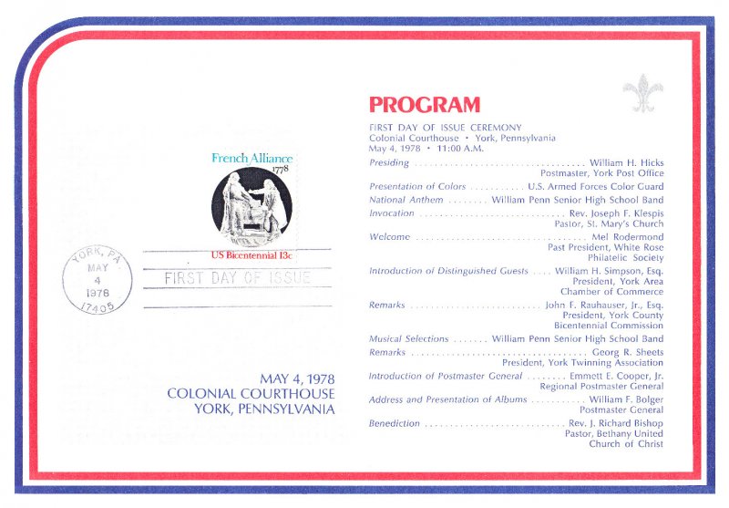USPS FDC Ceremony Program #1753 French Alliance American Revolutionary War 1978