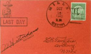 United States California Mills 1943 4c-bar  1898-1943  Postcard  Philatelic.