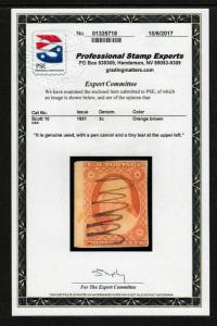 #10 Margin Stamp 1851 (USED) PSE Certified cv$200.00