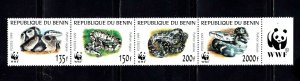Benin stamps, strip of 4 w/tab #1086, MNH, topical, World Wildlife Fund, animals 
