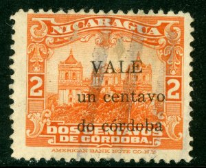 Nicaragua 1920 Cathedral Provisional 1¢/2¢ Vermillion Variety VFU W161