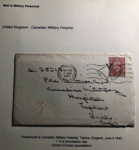 1945 Portsmouth England Cover To Canadian Military Hospital Taplow W Letter