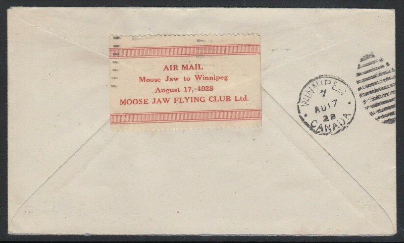 Canada CLP7 - Moose Jaw Aug. 17, 1928 tied on cover to Winnipeg, w/ Greene Cert