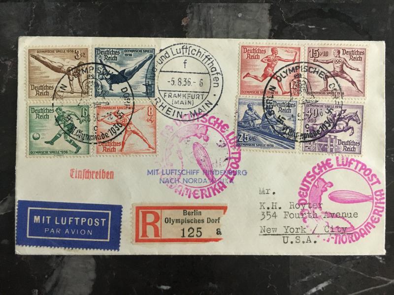 1936 Hindenburg Zeppelin Germany LZ 129 Olympics Cover to USA comp set # B82-B89