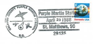 US SPECIAL PICTORIAL POSTMARK COVER PURPLE MARTIN STATION CALHOUN COUNTY 1988