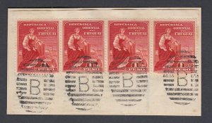 Uruguay 1910 1p Scarlet Used Strip with Salto Oval Cancel. Scott 195