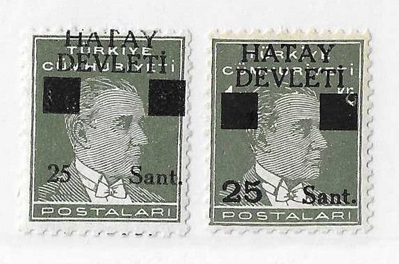 Hatay Sc #2, 2a  25s  2 copies showing both surcharges OG VF