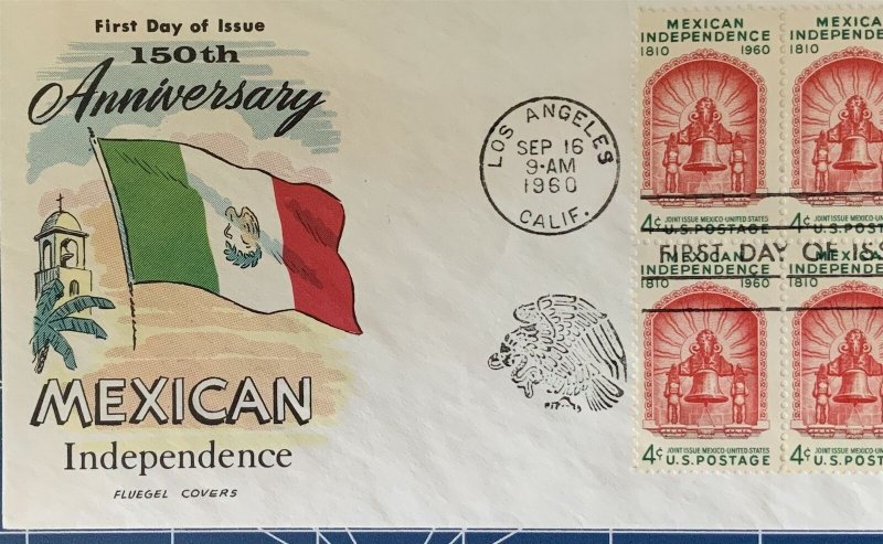 FLUEGEL 1157 Mexican Independence Mission 150th Ann. Los Angeles, CA Block of 4