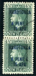 Cook Islands 1919 KGV 4½d deep green pair (Cowan paper) VFU. SG 51b.