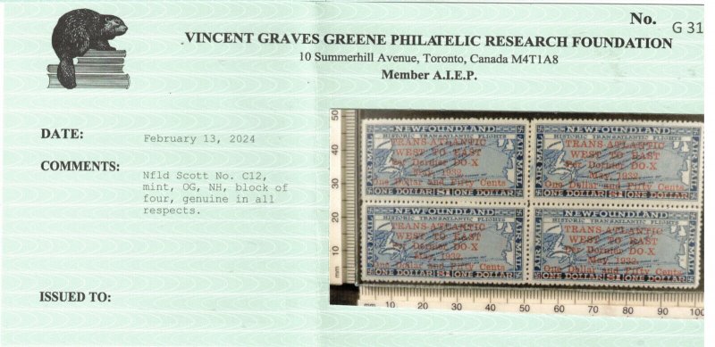 Newfoundland #C12 Very Fine Never Hinged Block **With Certificate**