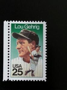 1989 25c Lou Gehrig, Professional Baseball First Baseman Scott 2417 Mint F/VF NH
