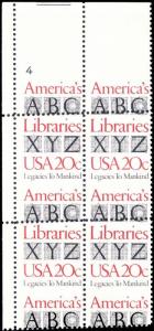 2015, Large Misperforated ERROR 20¢ Libraries Plate Block MNH - Stuart Katz