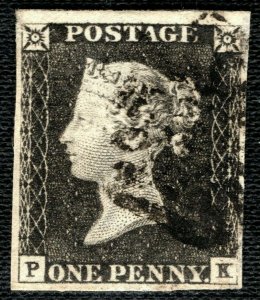 GB PENNY GREY-BLACK QV Stamp SG.3 1840 1d Plate 3 (PK) XFU Used MX c£500+ GRED12 