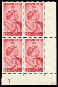 Aden - Kathiri 1949 KGVI Silver Wedding 1½a scarlet PLATE 1 block MNH. SG 14.