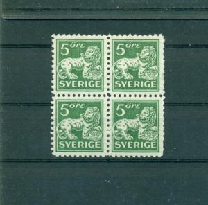 Sweden - Sc# 126. 1920 5 Ore Lion . MNH Block of 4. $16.00+.