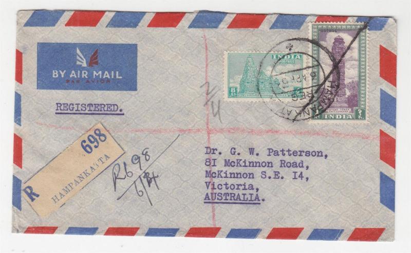 INDIA, 1953 Reg. Airmail cover Hampankatta to Australia, 8a. & 1r.