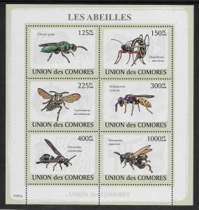 Comoro Islands  #1079 a-f  Wasps sheet of 6 2009  MNH