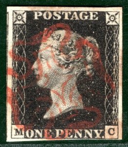 GB PENNY INTENSE BLACK QV Stamp SG.1 1d Plate 6 (MC) Used Red MX c£525+ GRED135 